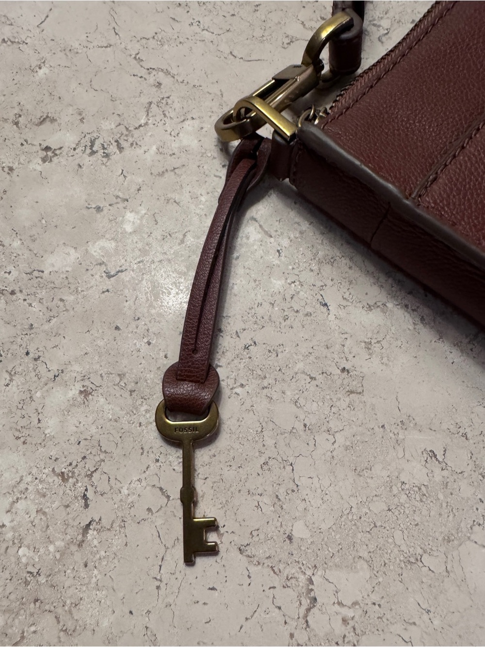Fossil Leather Crossbody Bag, Cognac Brown, Pebbled Leather, with Brass Hardware - Picture 12 of 13